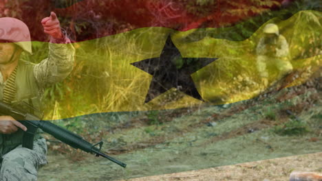 animation of flag of ghana over diverse male soldiers