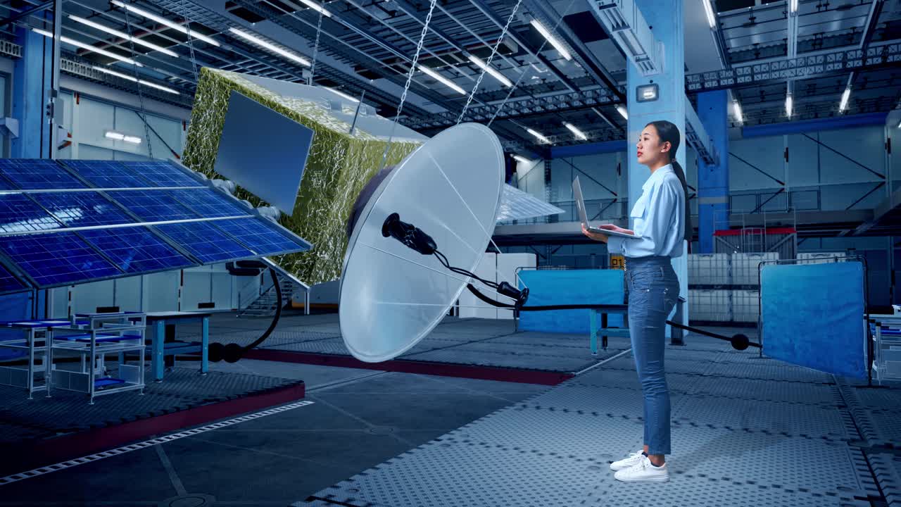 현대적인 시설에서 위성 기술에 종사하는 여성