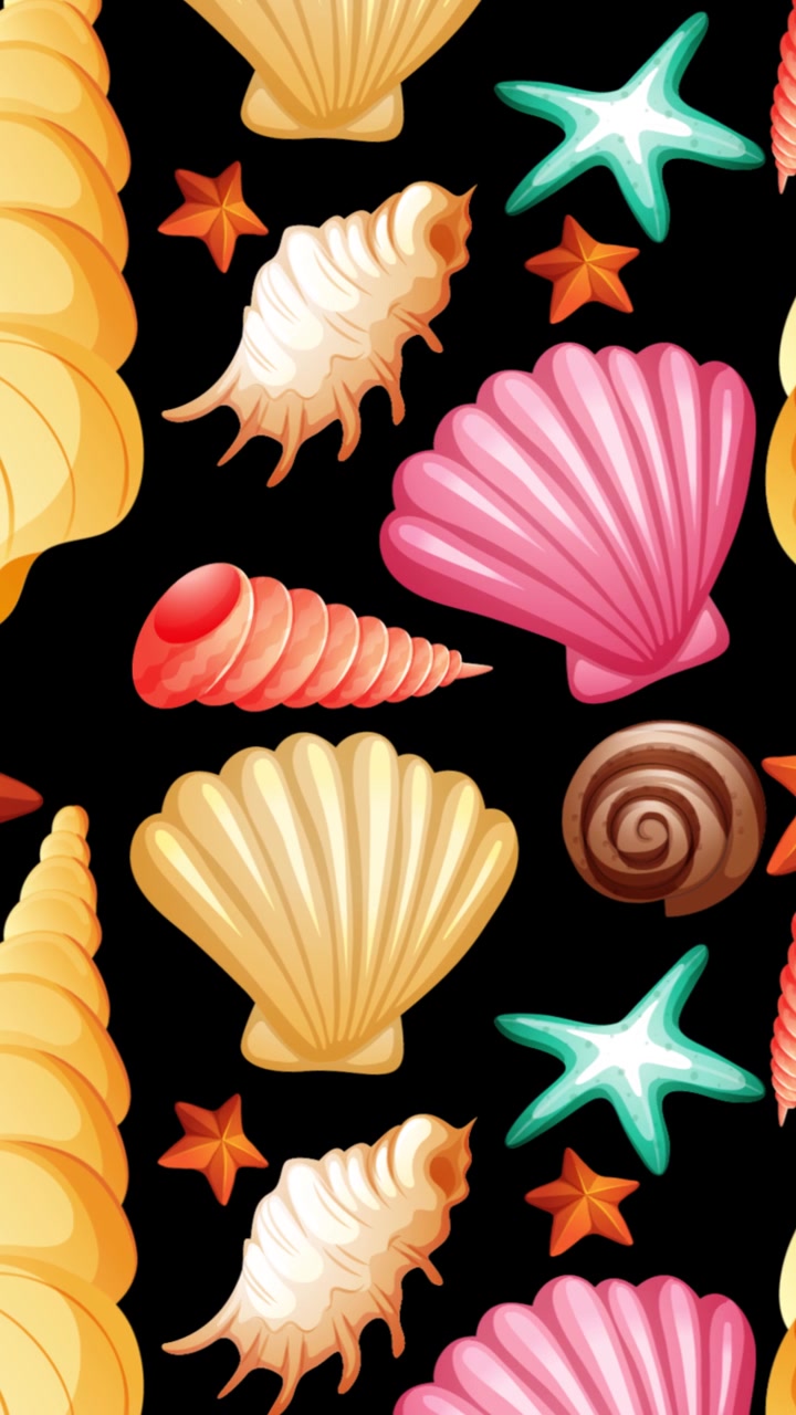 Seamless animation of colorful sea shells transitioning through white, black, and green backgrounds