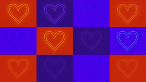 Pulsing-neon-colorful-hearts-pattern-in-rows