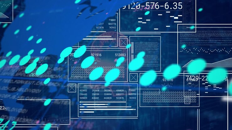 Digital data and graphs animation over abstract blue background with numbers