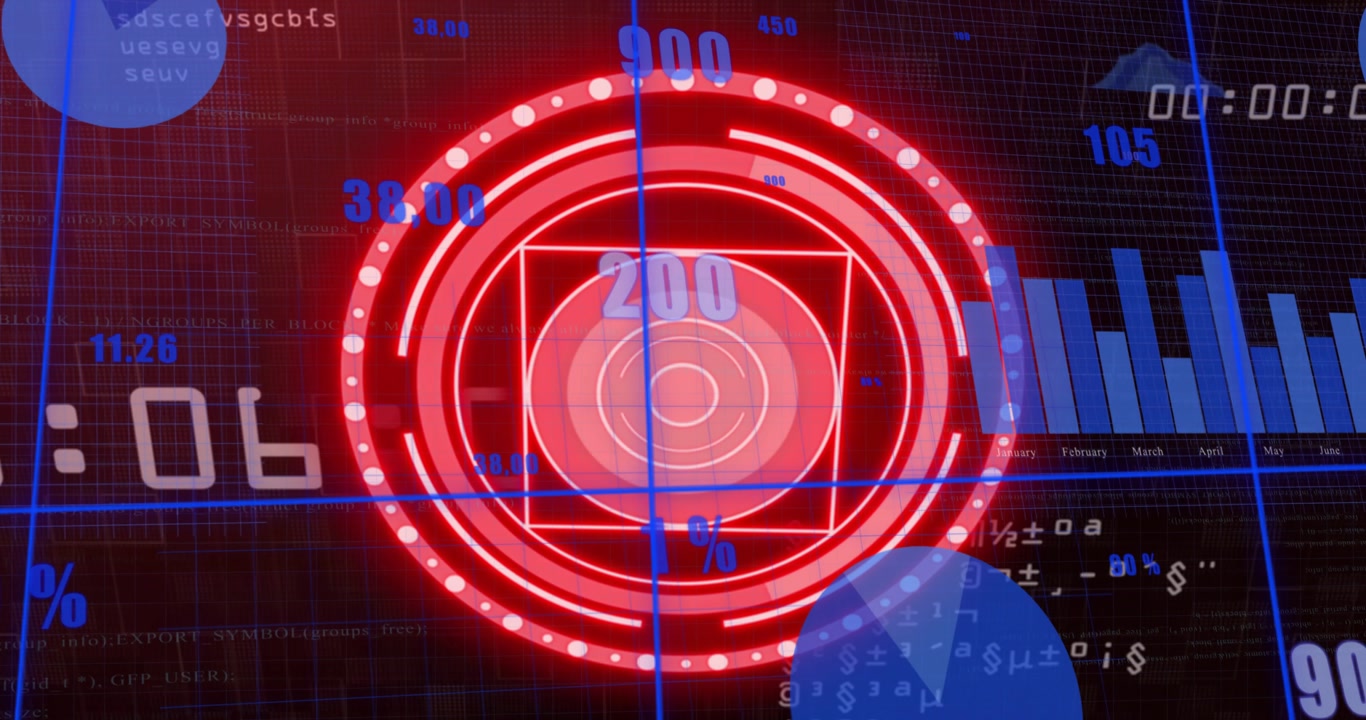 White timer counting, red HUD reticle pulsing and rotating while blue bars sliding, updating data