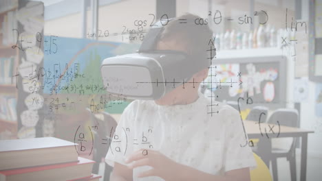 animation of mathematical formulas over schoolboy using vr headset