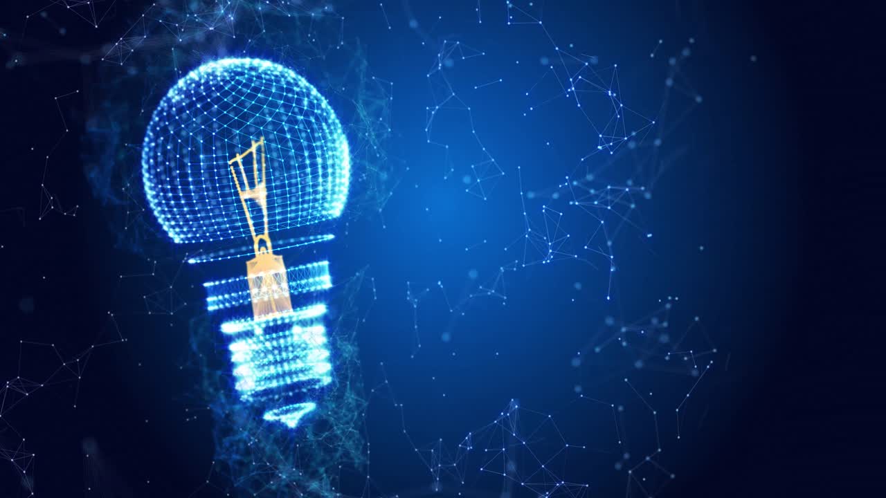 animación de la bombilla girando con una red de conexiones sobre fondo azul