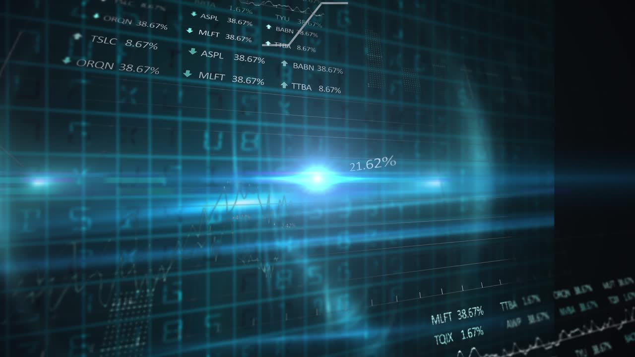 Animation of data processing and light spots on black background