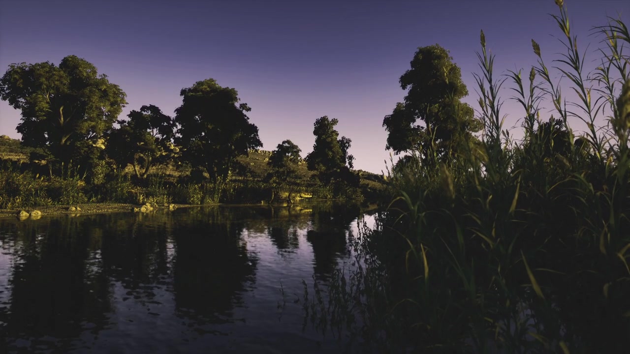 Cena aquática serena refletindo silhuetas escuras e atmosfera melancólica.