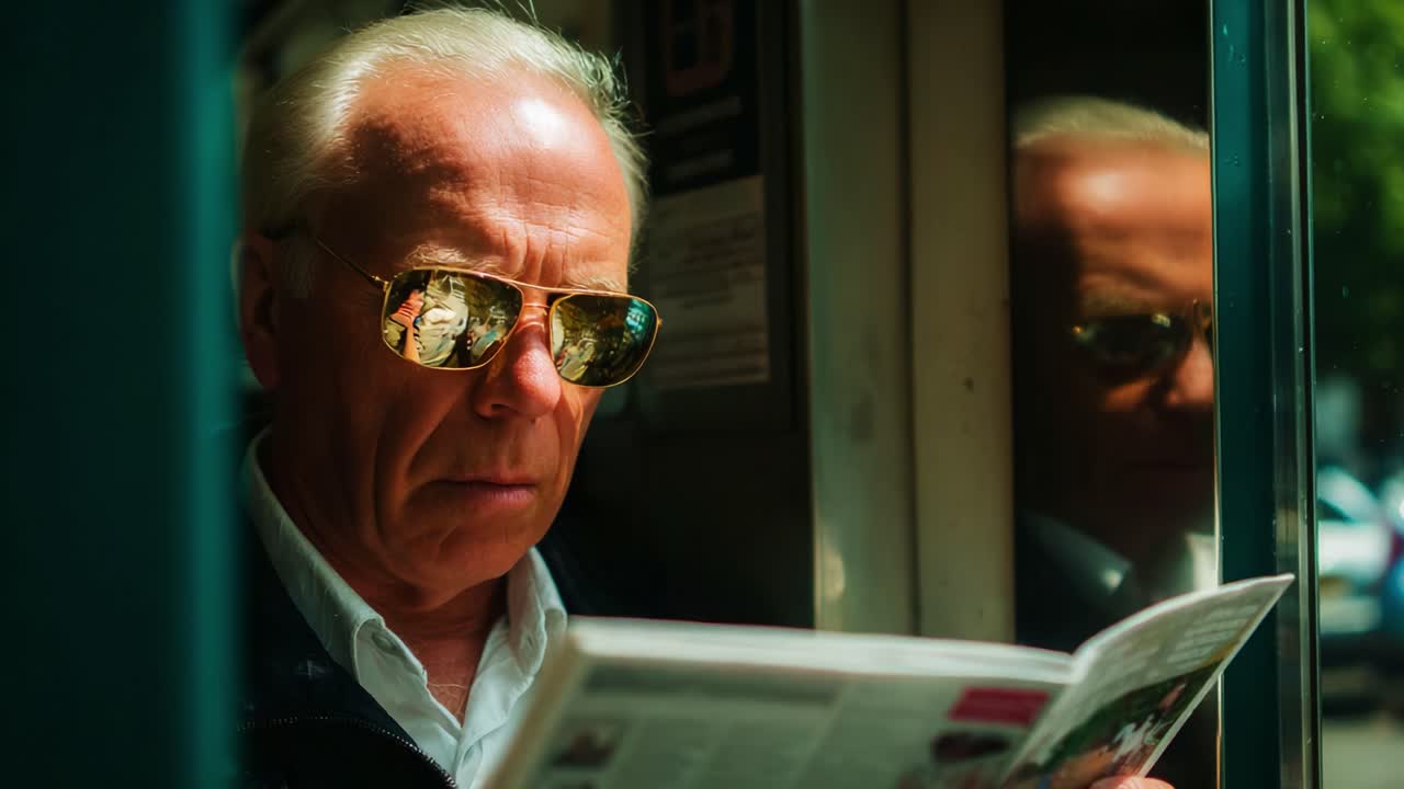 A contemplative man wearing sunglasses reads a newspaper, reflecting a sense of focus and intensity, absorbed in the moment while standing near a window, showcasing a striking interplay of light and shadow