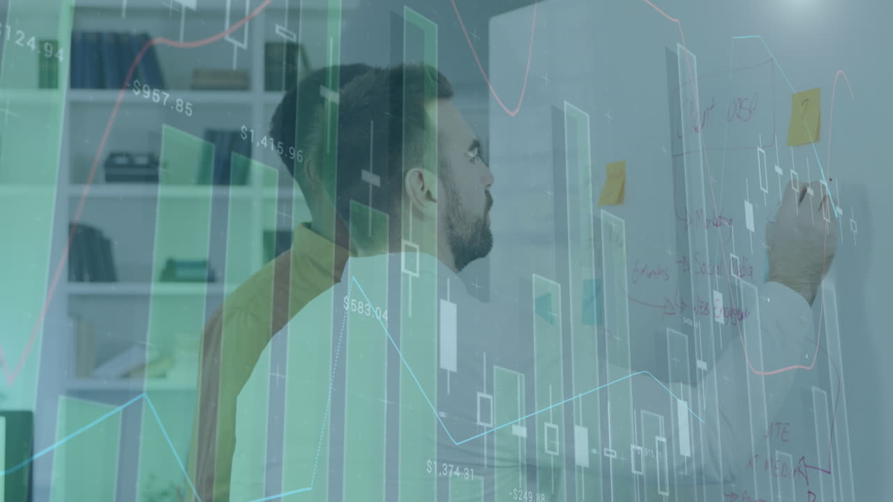 Animation of financial data processing over diverse business people in office