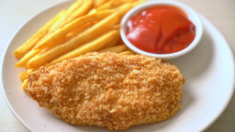 fried chicken breast fillet steak with french fries and ketchup