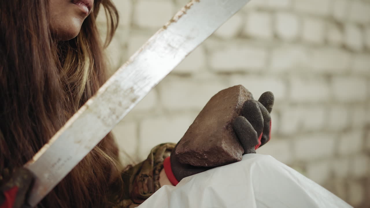 close up of abandoned child with long hair in gloves sharpening blade on stone, metal edge scraping rough surface, focused expression against worn brick wall