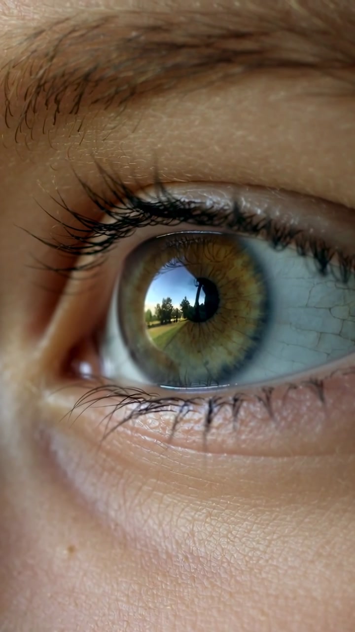 Teen eye close-up showing tree path reflection shifting as camera moving closer for medical study