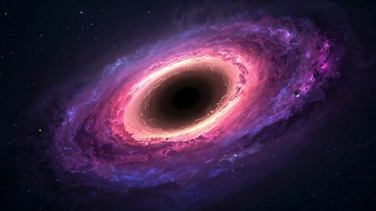 Spiraling disk accelerating inward by gravity around black hole in space with nebula and starlight