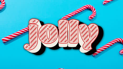 animation of christmas jolly text over christmas candy canes on blue background