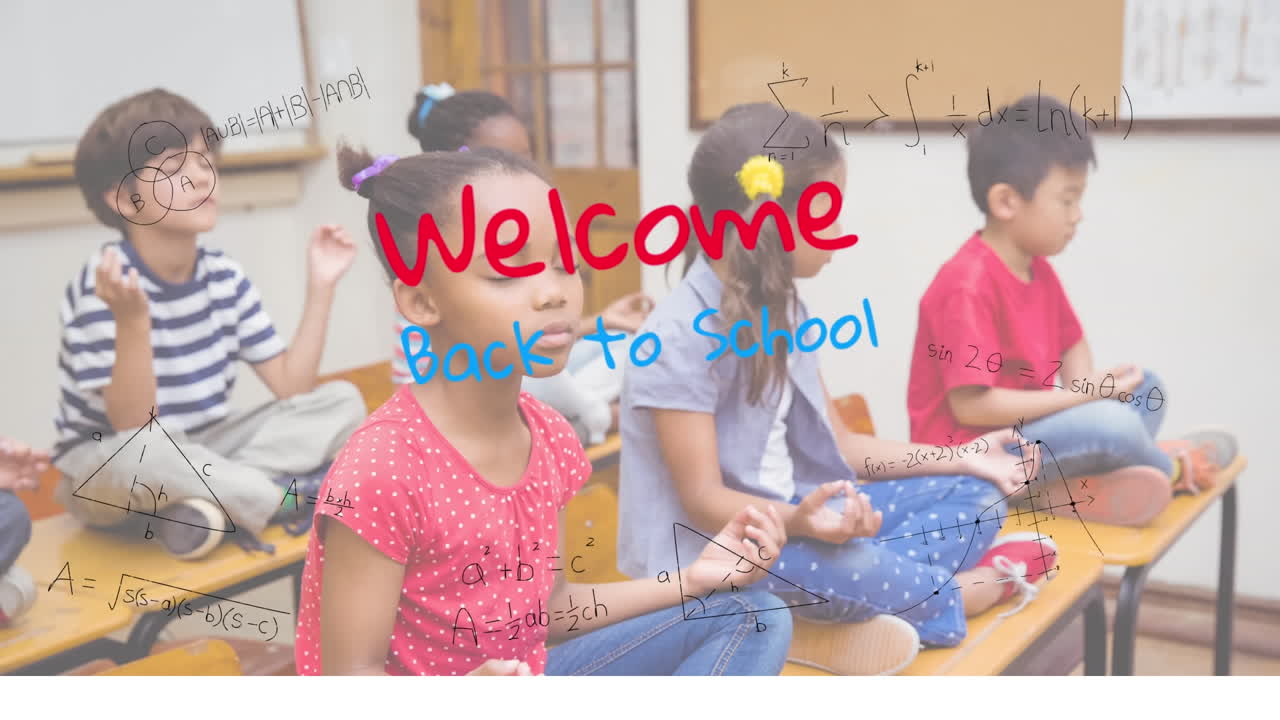 교실에서 명상하는 학교 학생들에 대한 학교 복귀 텍스트의 애니메이션