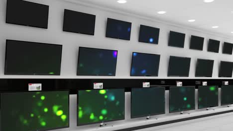 animación de filas de aparatos de televisión en la tienda con pantallas brillantes con espacio de copia