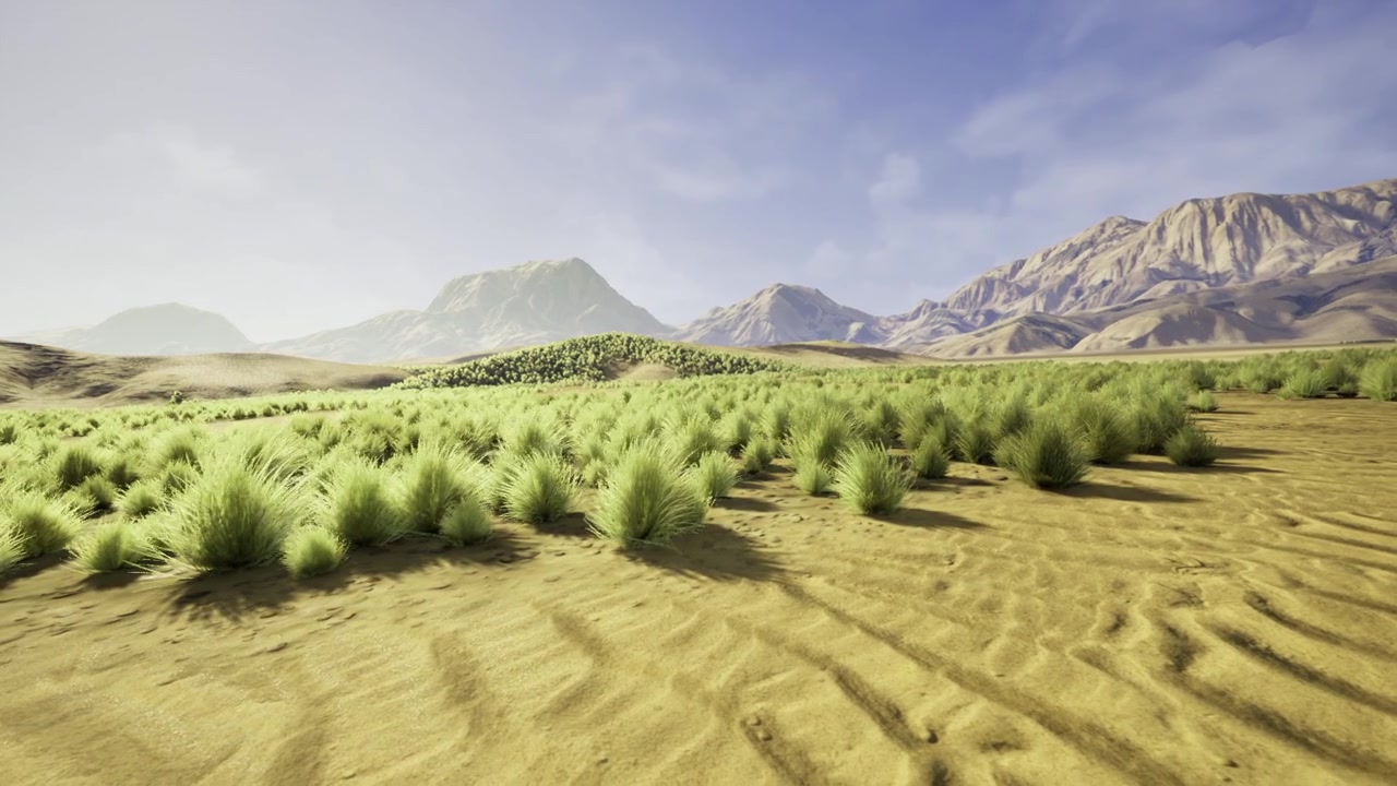 Bright sandy landscape warm sand with distant mountains and open sky