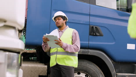 lavoratore che indossa giubbotto e casco di sicurezza che organizza una flotta di camion in un parco logistico durante la lettura di un documento