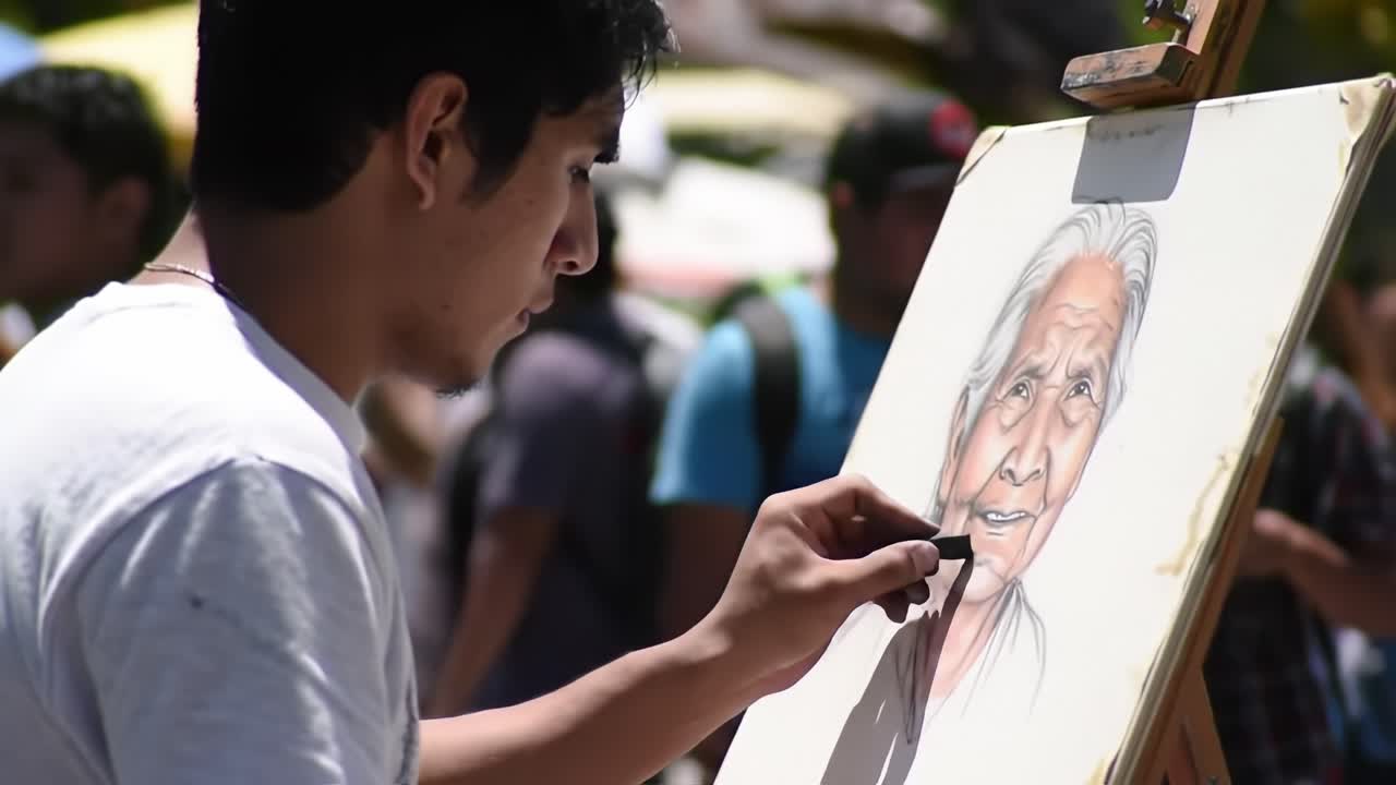 Artist Captivates Crowd with Intricate Portrait of Elderly Man, Showcasing Skillful Techniques in Outdoor Art Scene