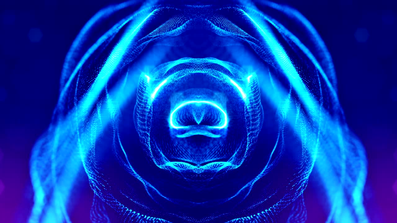complex blue composition with luminous particles that form wavy structures in the air. 4k 3d looped smooth animation with glow paricles. sci-fi microworld or space background. 16