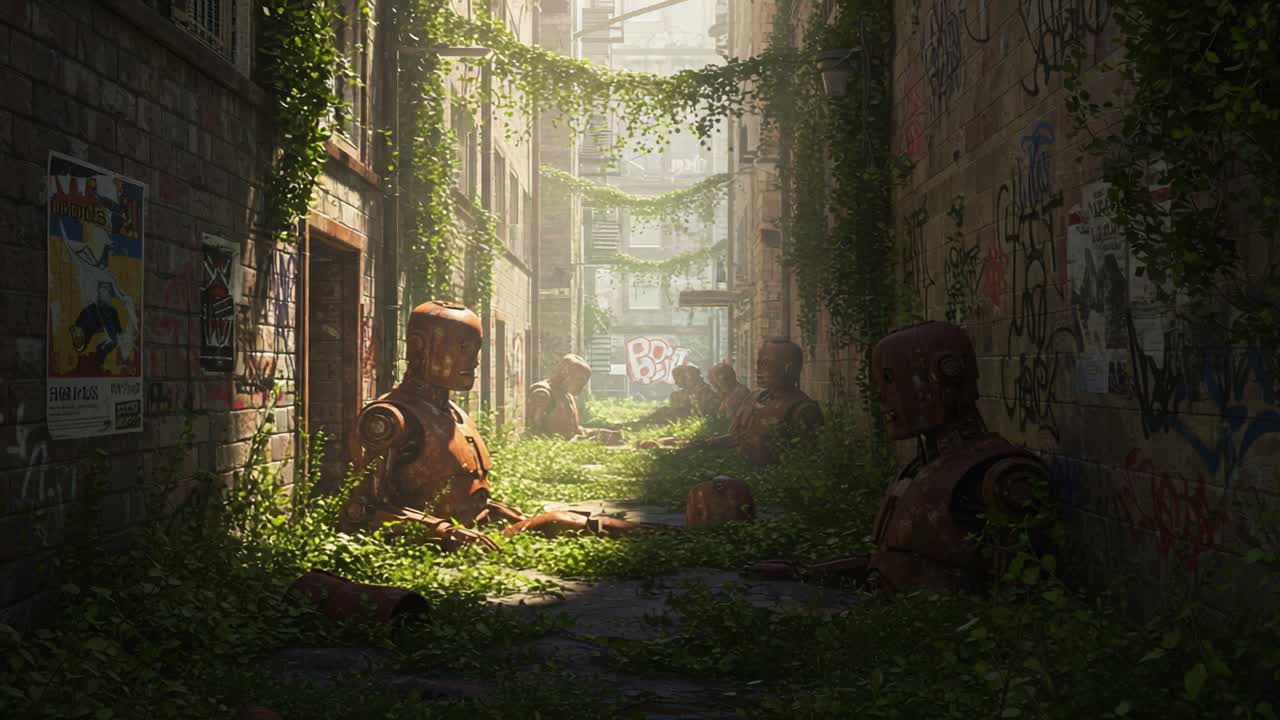 Abandoned robots in a lush overgrown alley, surrounded by nature reclaiming urban spaces, showcasing the blend of technology and wilderness in a forgotten environment