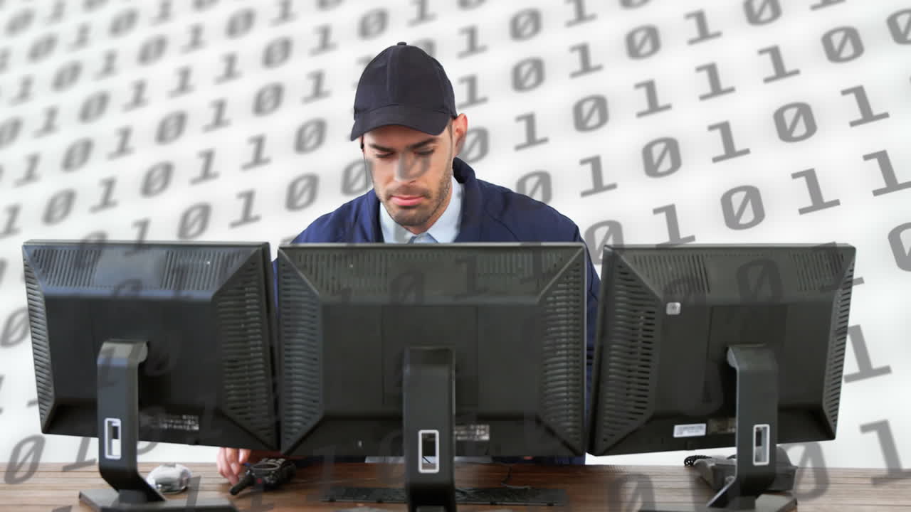 백색 배경에 컴퓨터를 사용하여 코카시안 남자에 대한 과학 데이터 처리 애니메이션