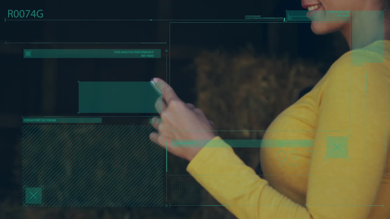 Animation of data processing over woman using smartphone