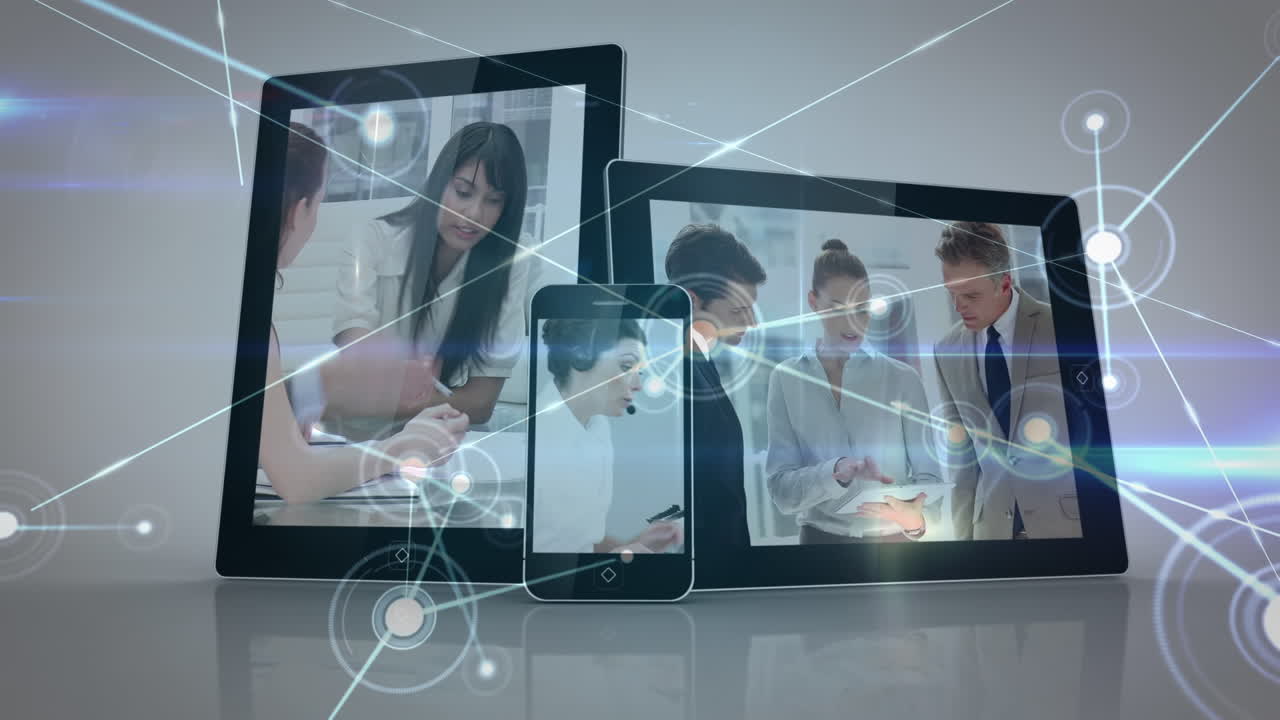 회색 공간 위의 화면에서 다양한 사업가들에 대한 아이콘으로 연결의 애니메이션