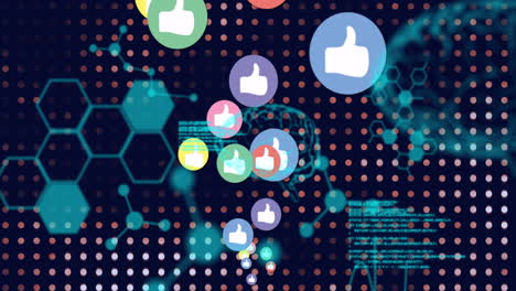 Animation of thumbs-up icons floating over digital network and data visualization