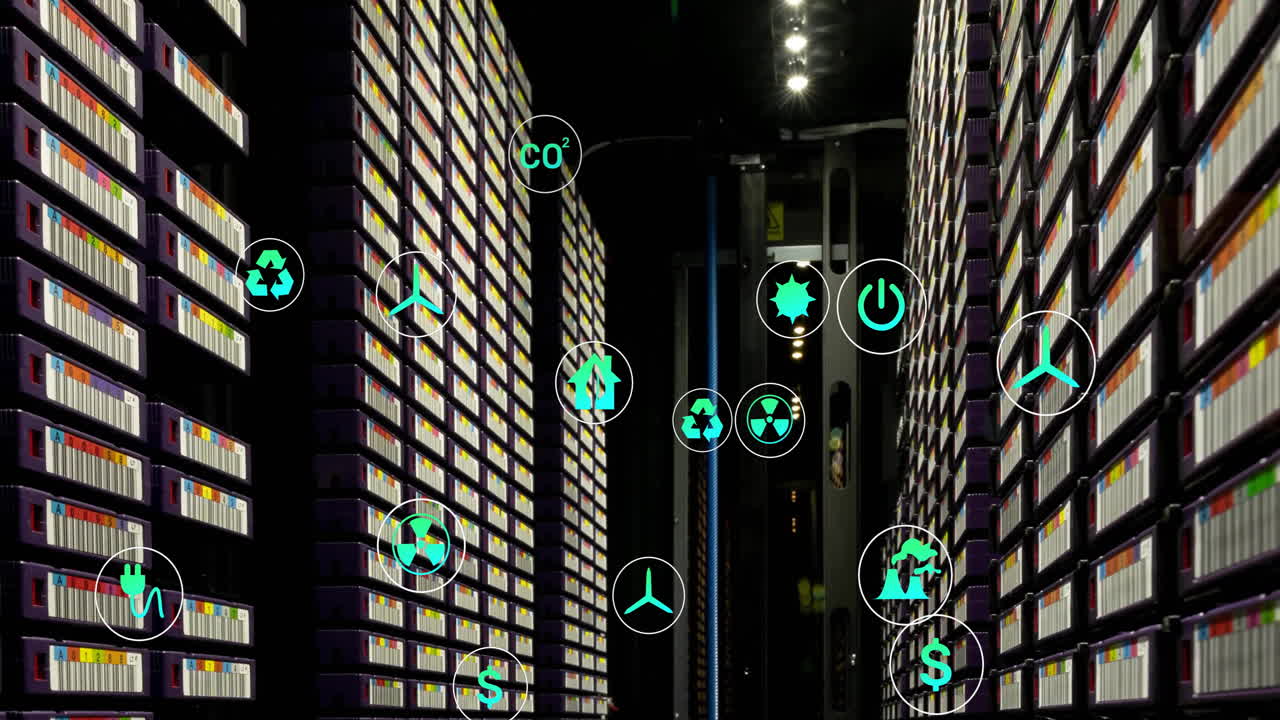 animación de iconos ecológicos y procesamiento de datos digitales a través de servidores informáticos