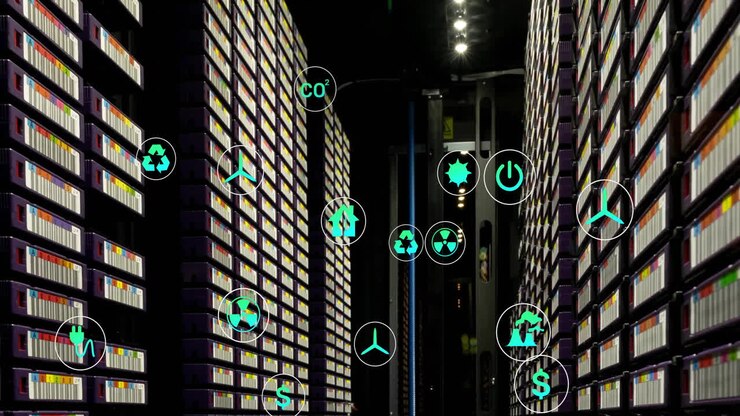 Animation of eco icons and digital data processing over computer servers