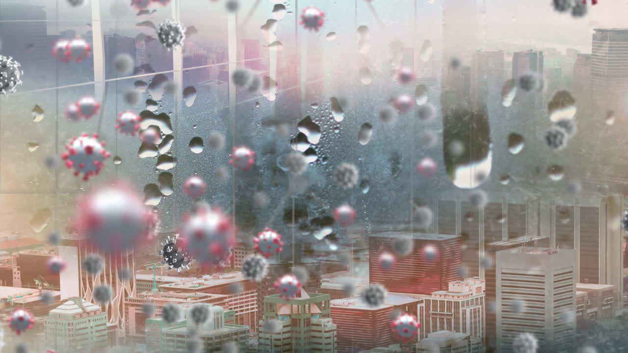 코로나19 세포는 도시 전망을 가진  ⁇ 은 창문에 대해 움직입니다.