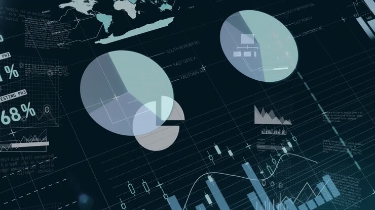 Animation of multiple icons over infographic interface and computer language on black background