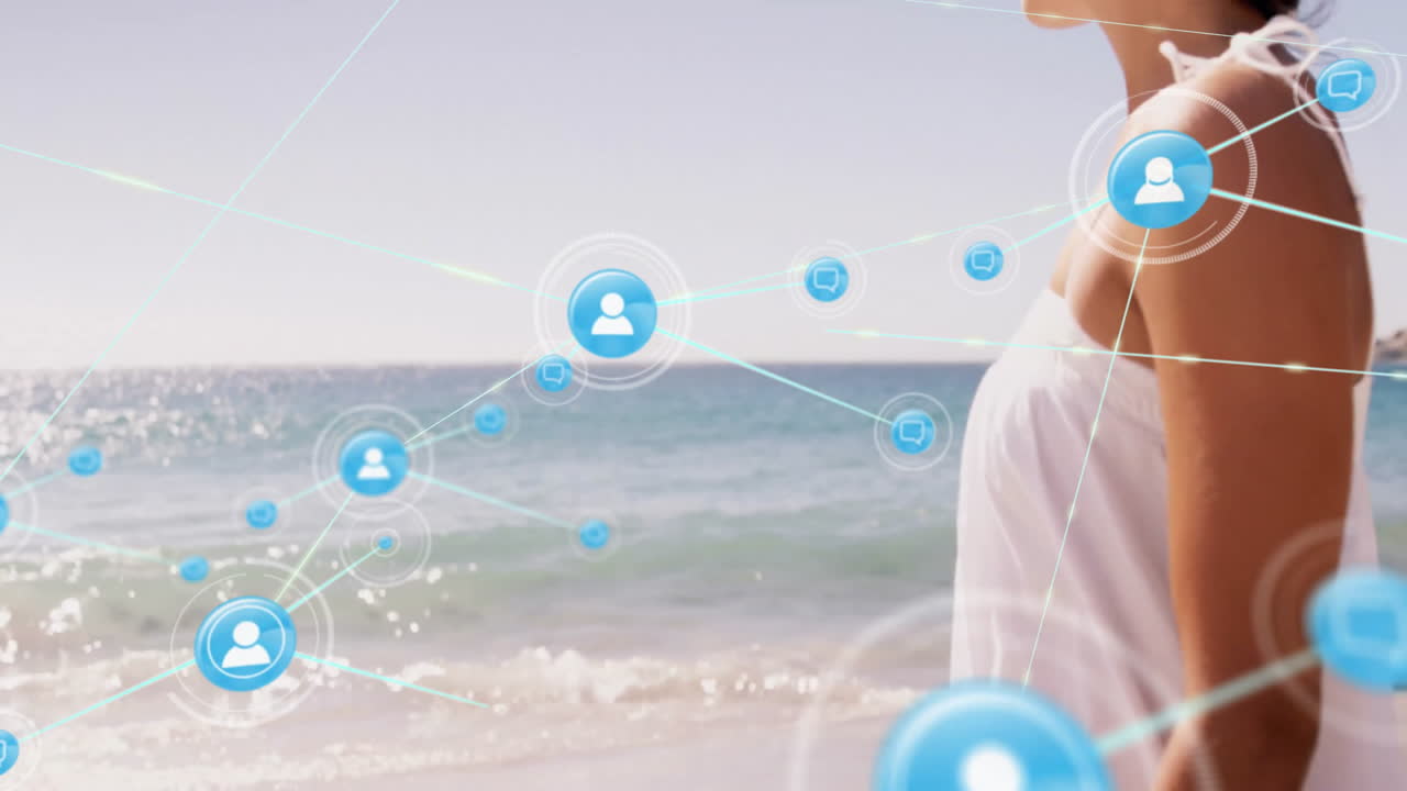 해변에서 는 백인 여성에 대한 아이콘과 연결 네트워크의 애니메이션