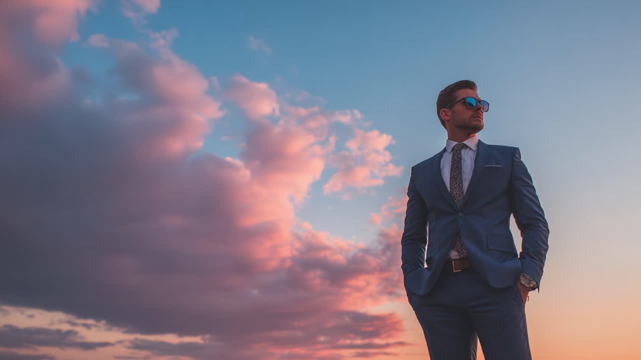 A Stylish Man in a Suit Poses Confidently Against a Stunning Sunset Sky, Exuding Elegance and Charisma with a Modern Twist