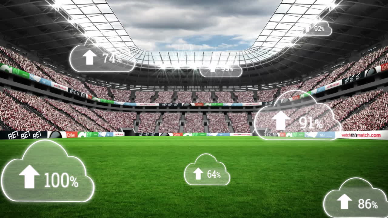 Animation of cloud icons with percentages floating over stadium during soccer match