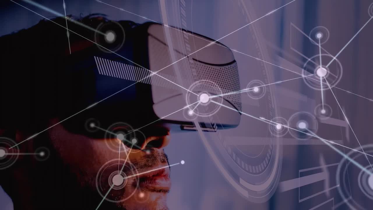 Animation af netværk af forbindelser over mand med VR headset