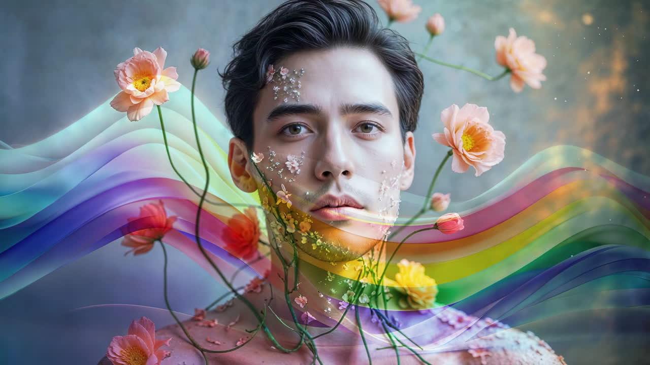 Symbolic Portrait of a Man with Rainbow and Flowers