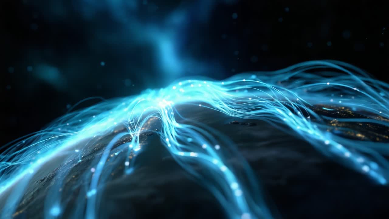 A mesmerizing visualization of abstract energy flows over a dark cosmic landscape, illustrating the interconnectedness and dynamic nature of the universe's structure