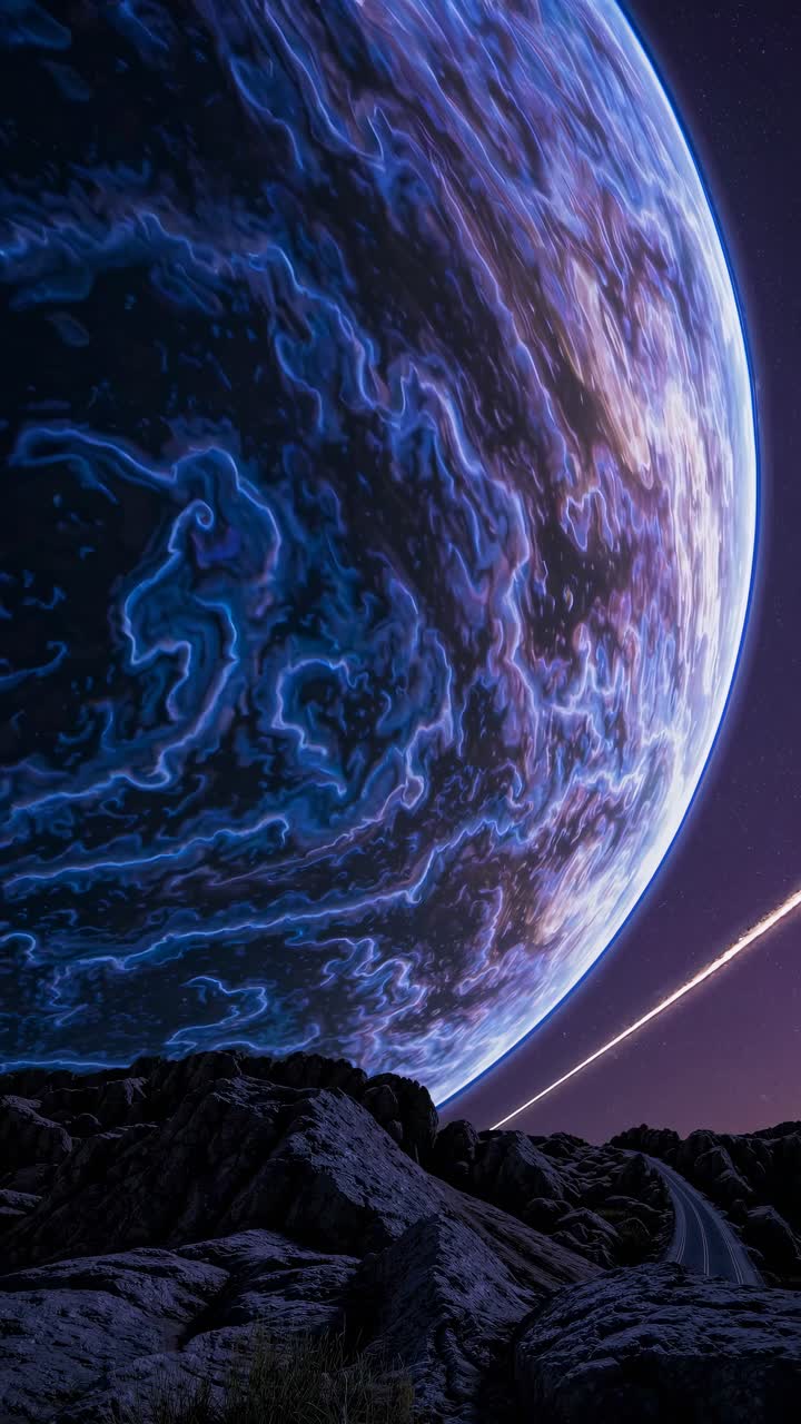 A surreal video concept with a low-angle view of a massive, swirling blue planet above rocky