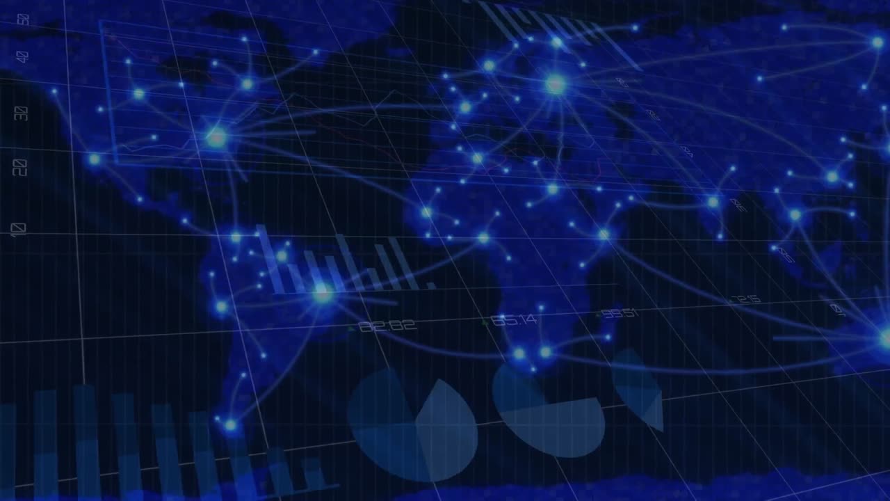 세계 지도 위의 통계 데이터 처리 및 반 ⁇ 이는 파란색 빛 트레일의 애니메이션