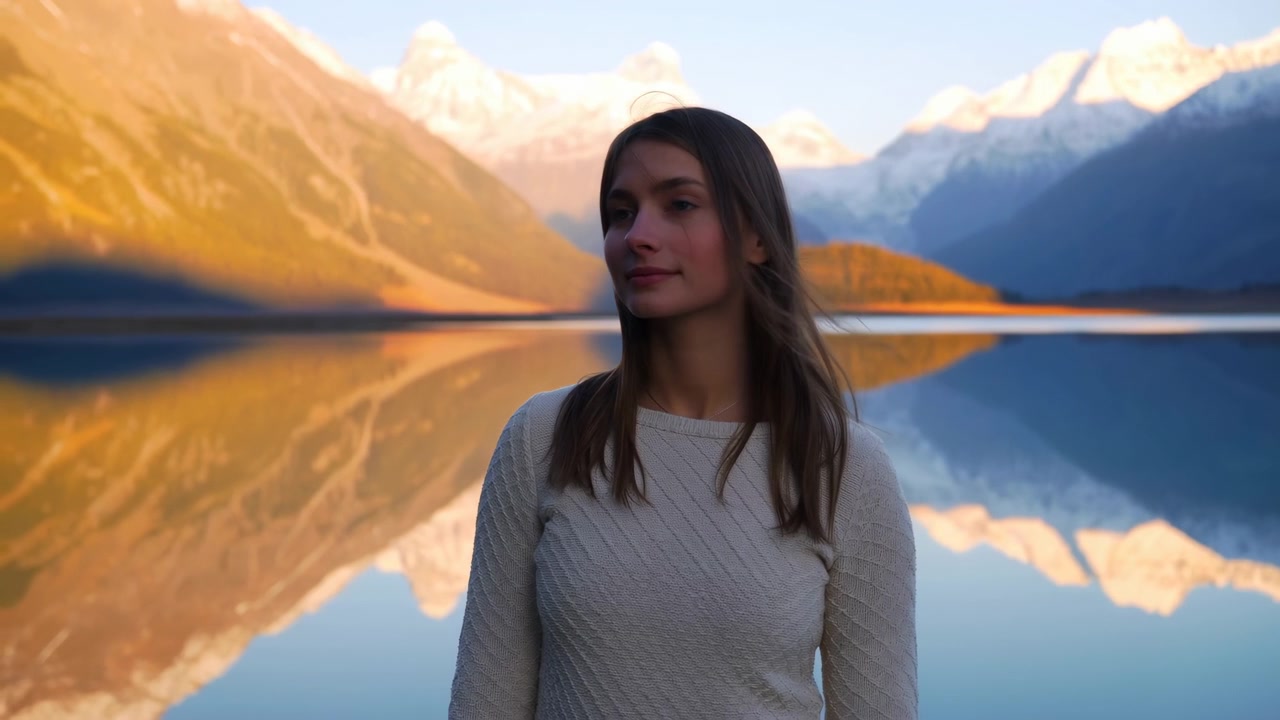 Waist-up portrait shows woman holding a relaxed pose as light wind shifts her hair, with still water reflecting sunlit mountains and distant snowy peaks in soft low-angle light.