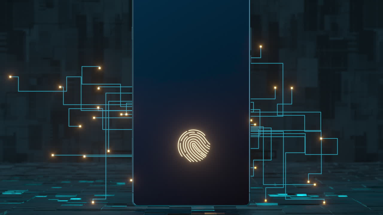 líneas de circuito y teléfono móvil con fondo negro, renderización 3d.