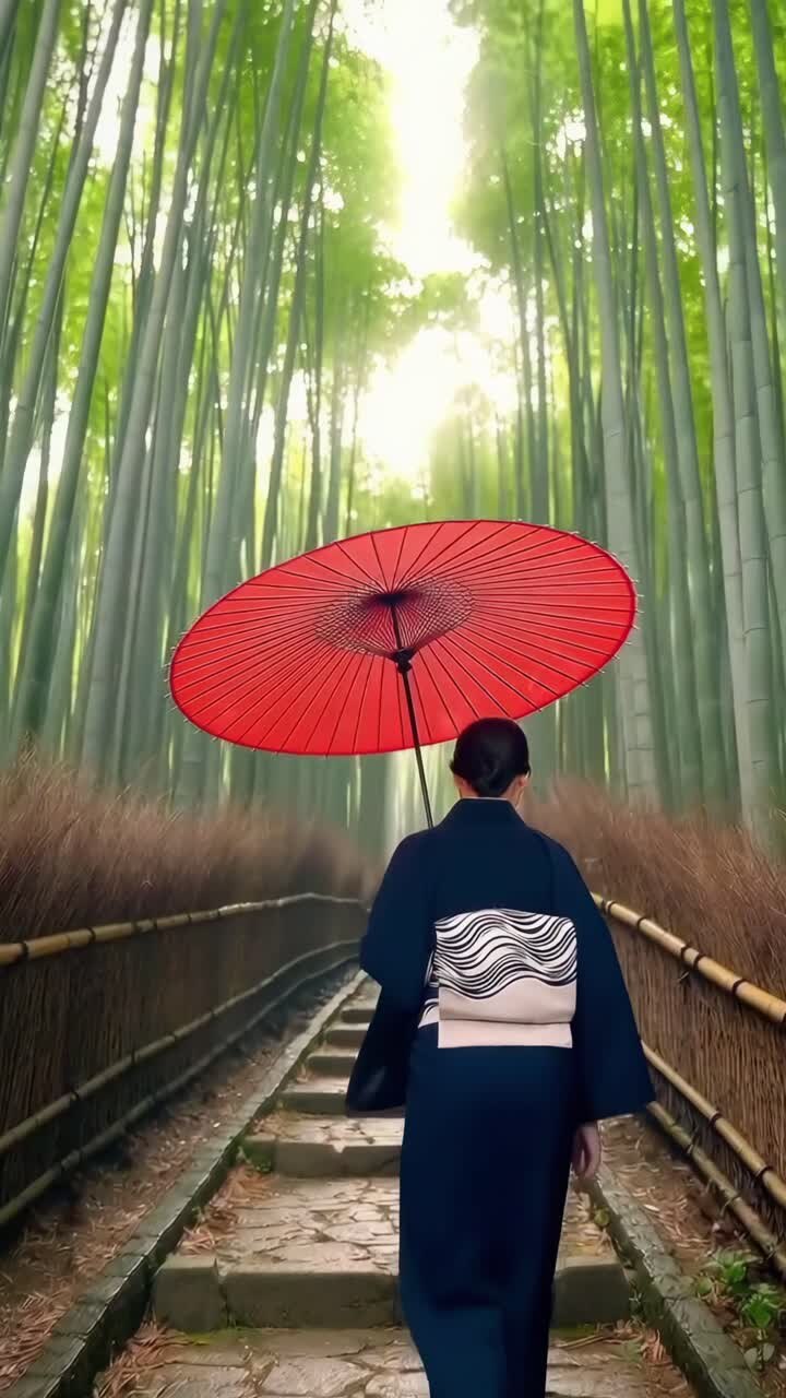 Un video riprende una persona di spalle con un ombrello rosso che cammina in una foresta di bambù