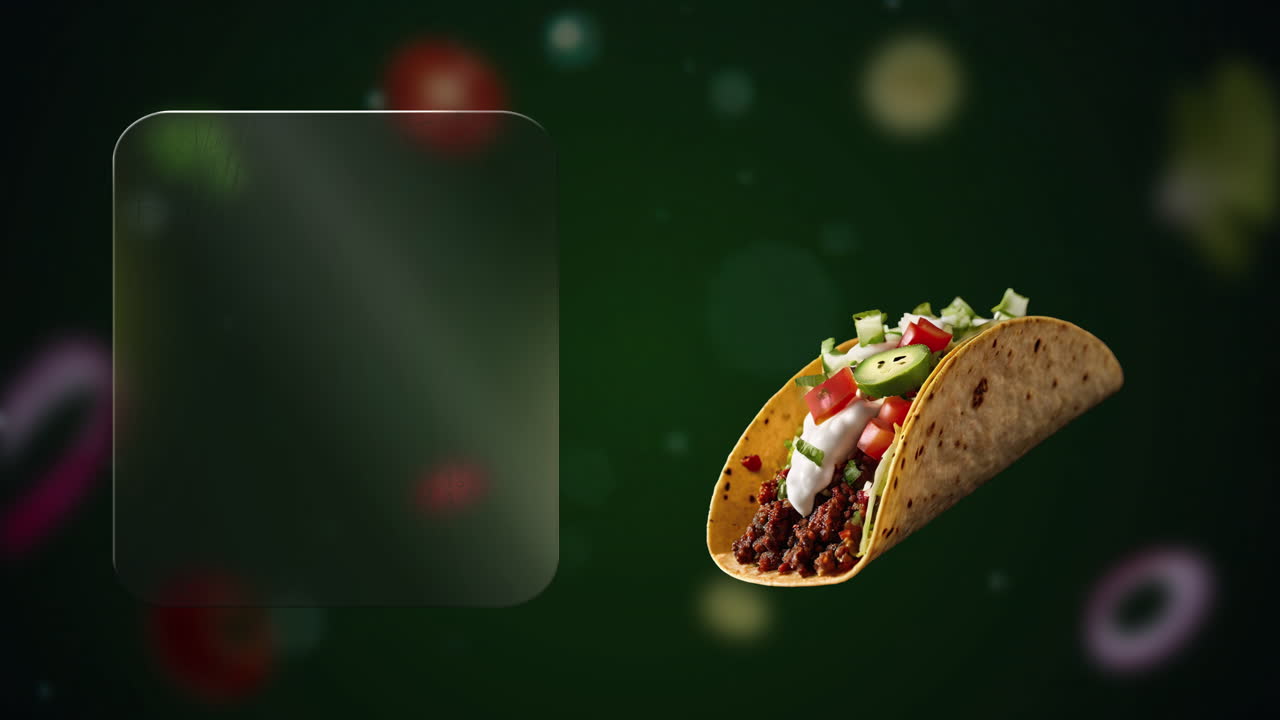 Beef taco with cheese Animation on green background - food commercial with modern flow - includes a glowing glass board for any promo, menu name or logo