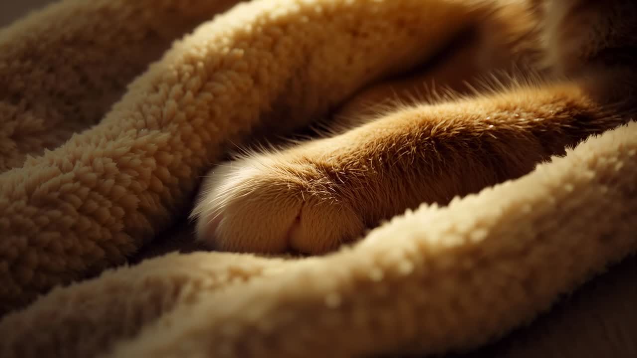 Gatto rosso che riposa con la zampa anteriore che reagisce alla calda luce laterale su una coperta sherpa beige, muovendosi impercettibilmente