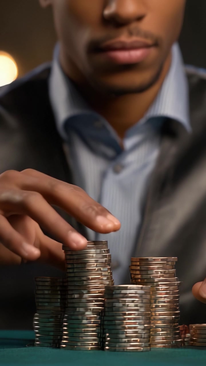 En fokuseret mand i en stilfuld vest undersøger stakke af mønter, hvilket fremhæver en scene med finansiel strategi og omhyggelig beslutningstagning i et hasardspil.