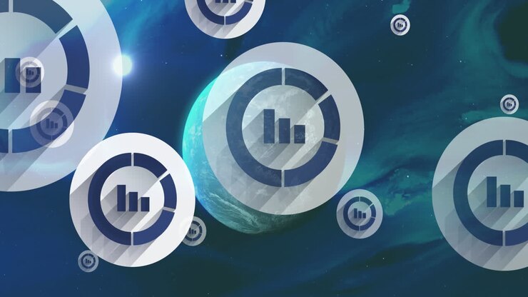 Animation of icons with financial data processing over globe