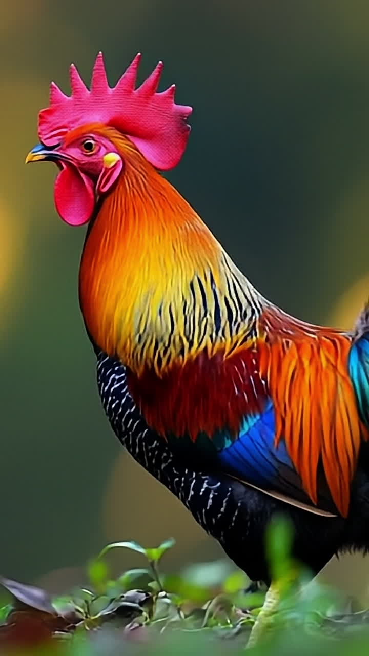 Vibrant rooster in full color. A rooster stands proudly with bright plumage, basking in the warm glow of the setting sun, surrounded by greenery.