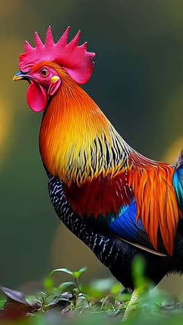 vibrant rooster in full color. a rooster stands proudly with bright plumage, basking in the warm glow of the setting sun, surrounded by greenery.
