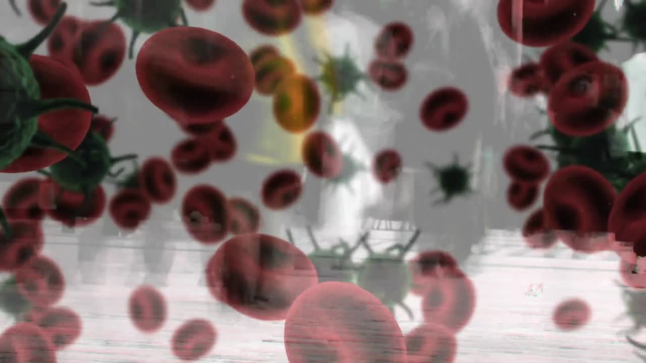 animación de células de covid 19 sobre personas que caminan